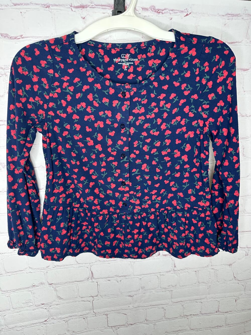 Vineyard Vines Long Sleeve Cherries Shirt Navy Blue Girls Small Ruffle Hem